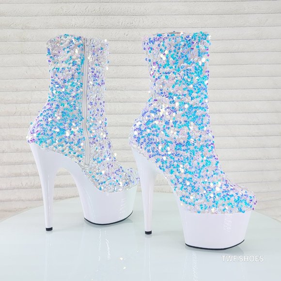 White Ice Multi Sequin Platform 7" Heels Ankle Boots Adore 1042 - Picture 3 of 8